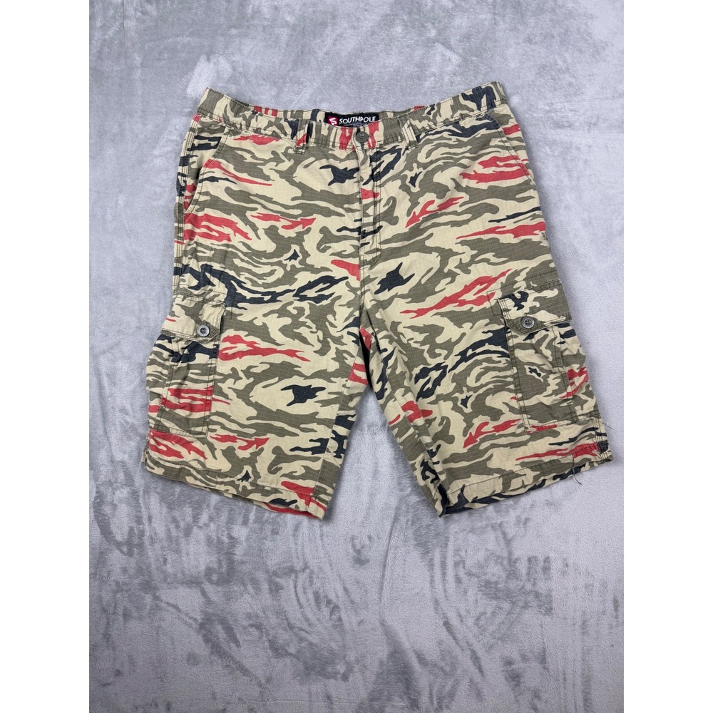Southpole Cargo Shorts Mens 38 Red Tiger Camo Ripstop Multi Pocket Streetwear